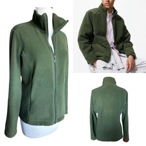 Uniqlo Unisex Olive Green Fleece Full Zip Jacket Stand Collar Size M Pre-Owned